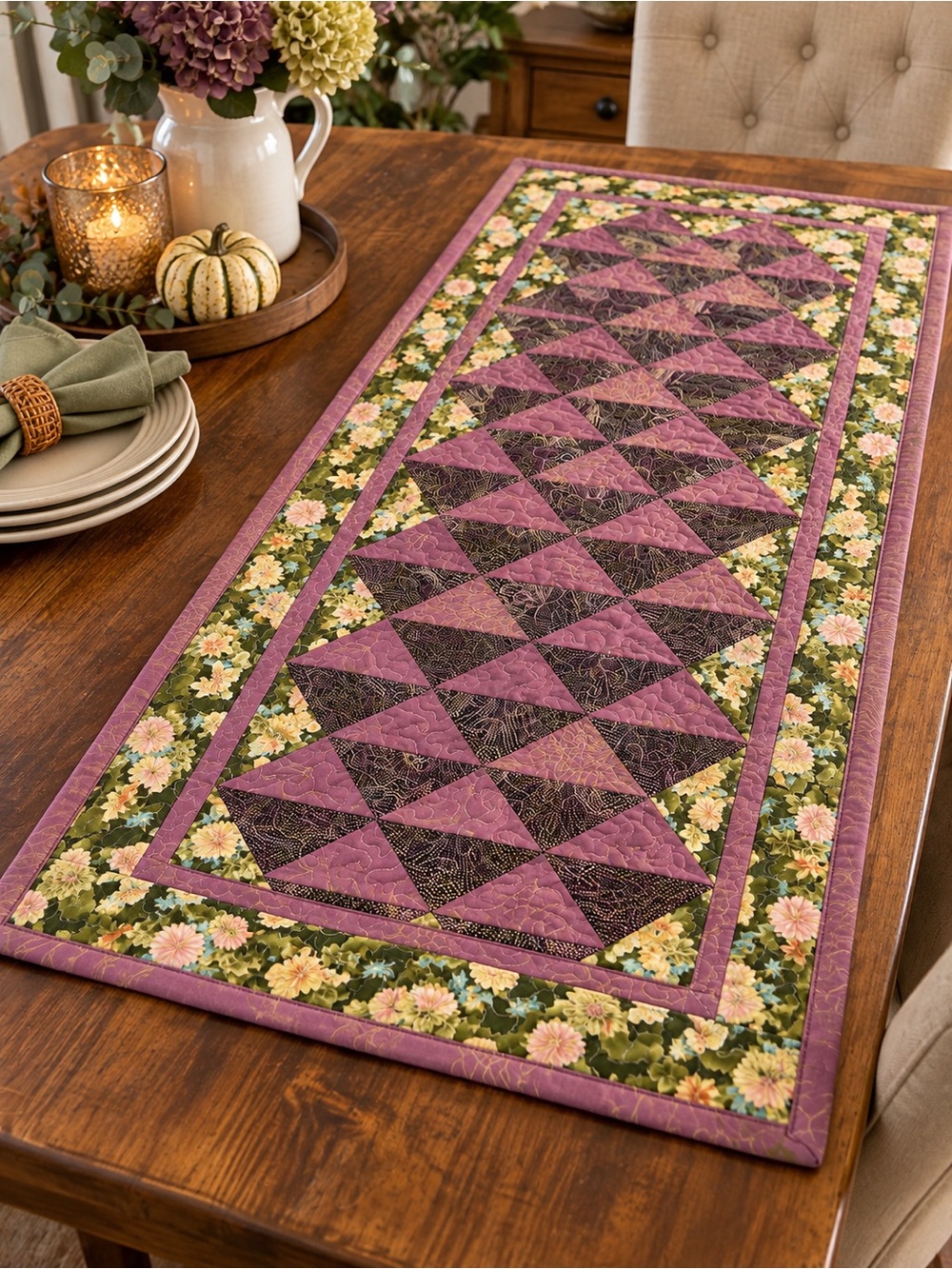 Handmade Quilted Table Runner Purple Floral Patchwork 18” x 36”
